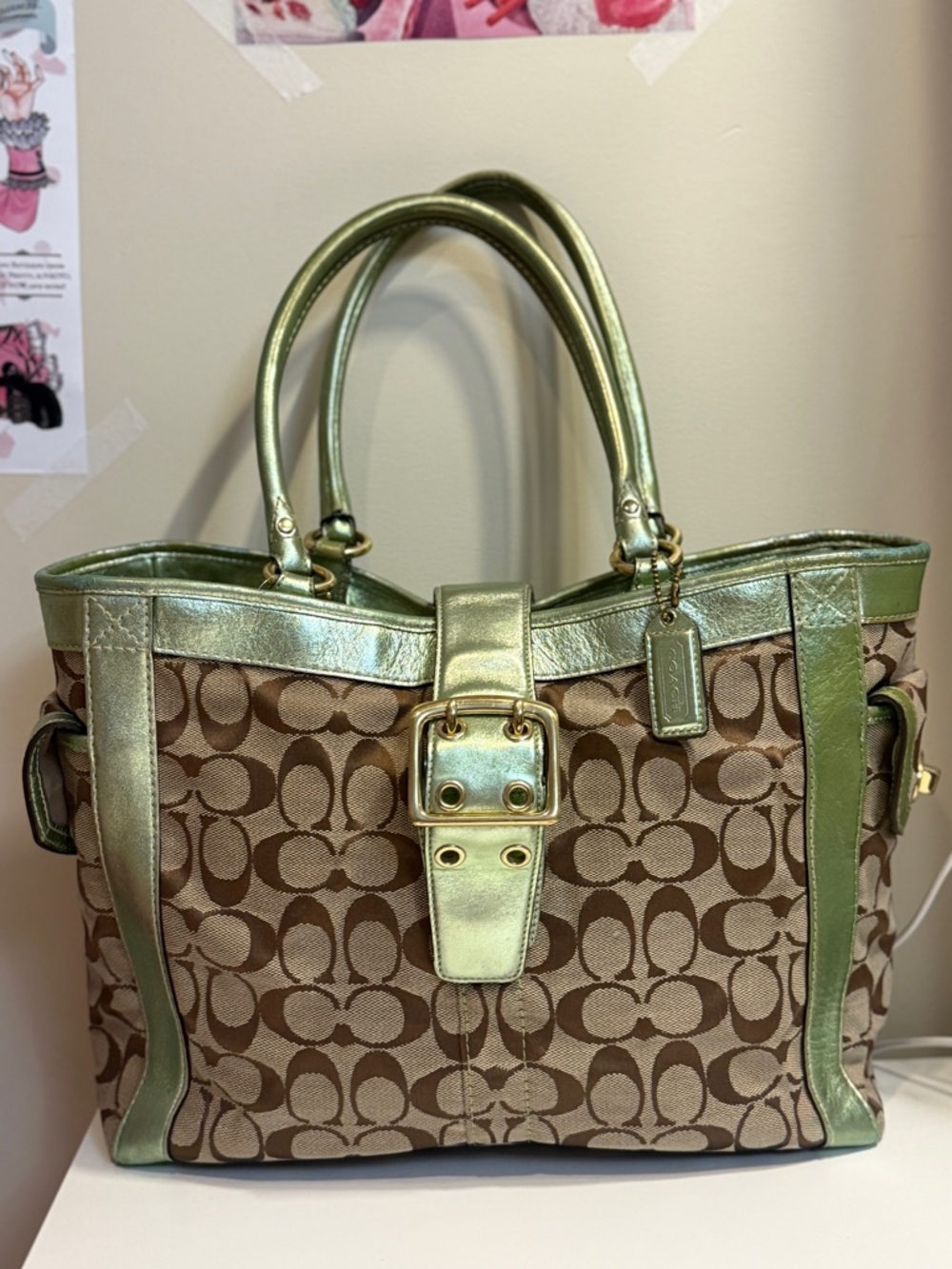 Coach Signature Jacquard Tote with Metallic Green Trim